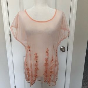 Peach Scoop-neck Top with Embroidered Floral Mesh